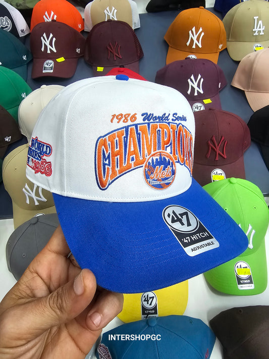 Mets hitch 47' World series 1986 champions blanca y azul cooperstown collection