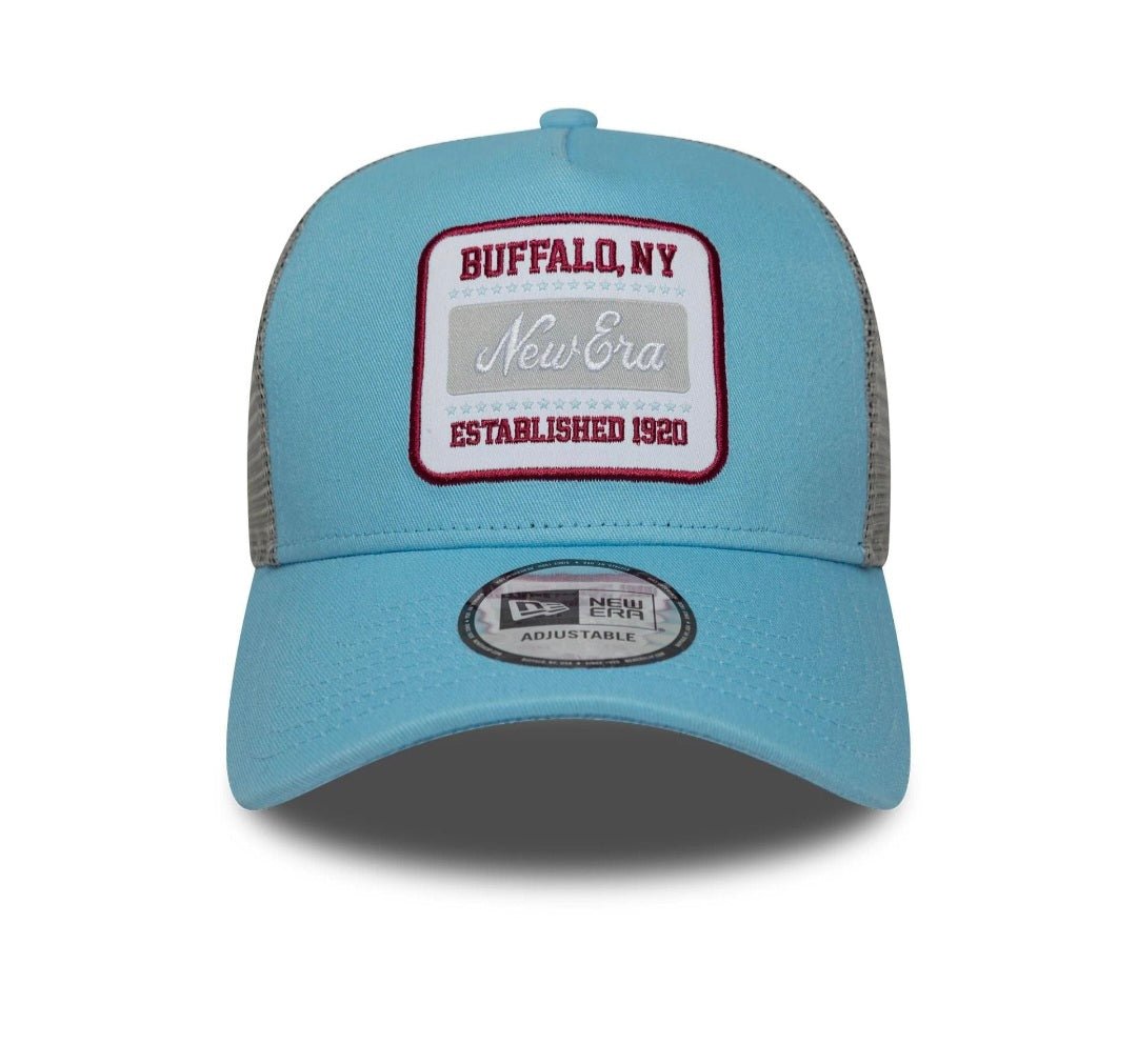 Gorra New Era 9FORTY A - Frame Trucker Celeste y gris – Buffalo NY Established 1920