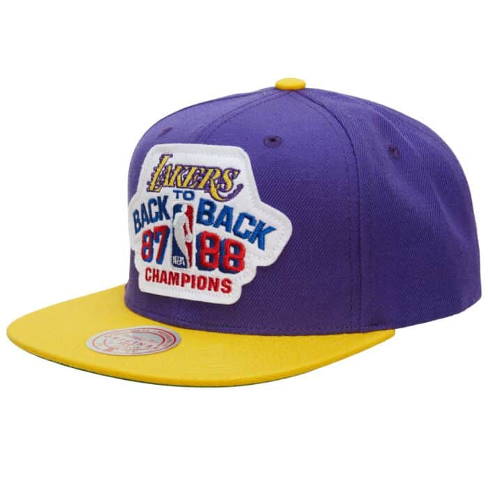 Retro Lakers Snapback violeta y visera plana amarilla champions 1987 1988 back to back